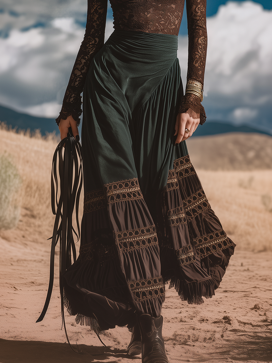 Retro-chic Bohemian Brown And Dark Green Faux Suede Long Skirt