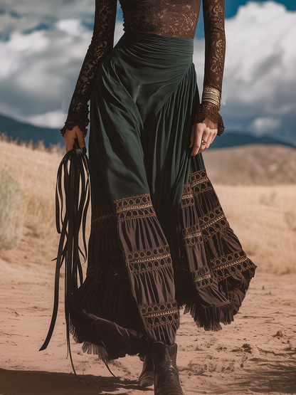 Retro-chic Bohemian Brown And Dark Green Faux Suede Long Skirt