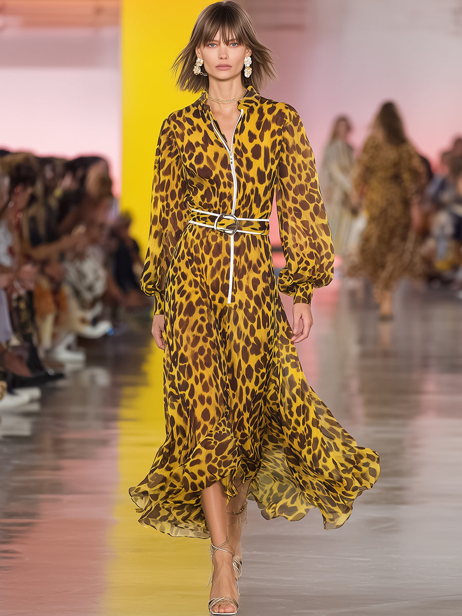 Retro Casual Stand-up Collar Yellow Leopard Print Chiffon Maxi Dress