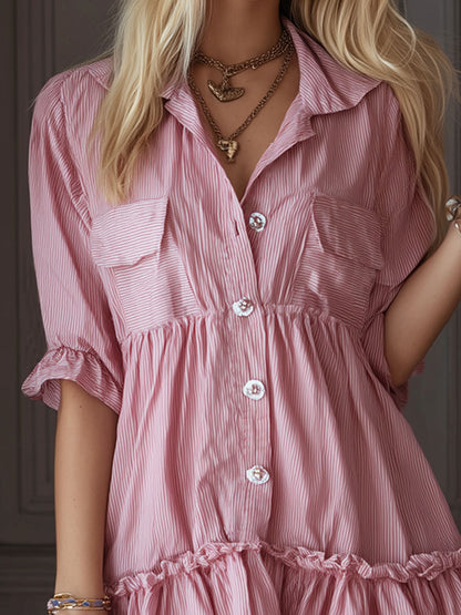 Cotton And Linen Striped Lapel Double Pocket Short-sleeved Mini Dress
