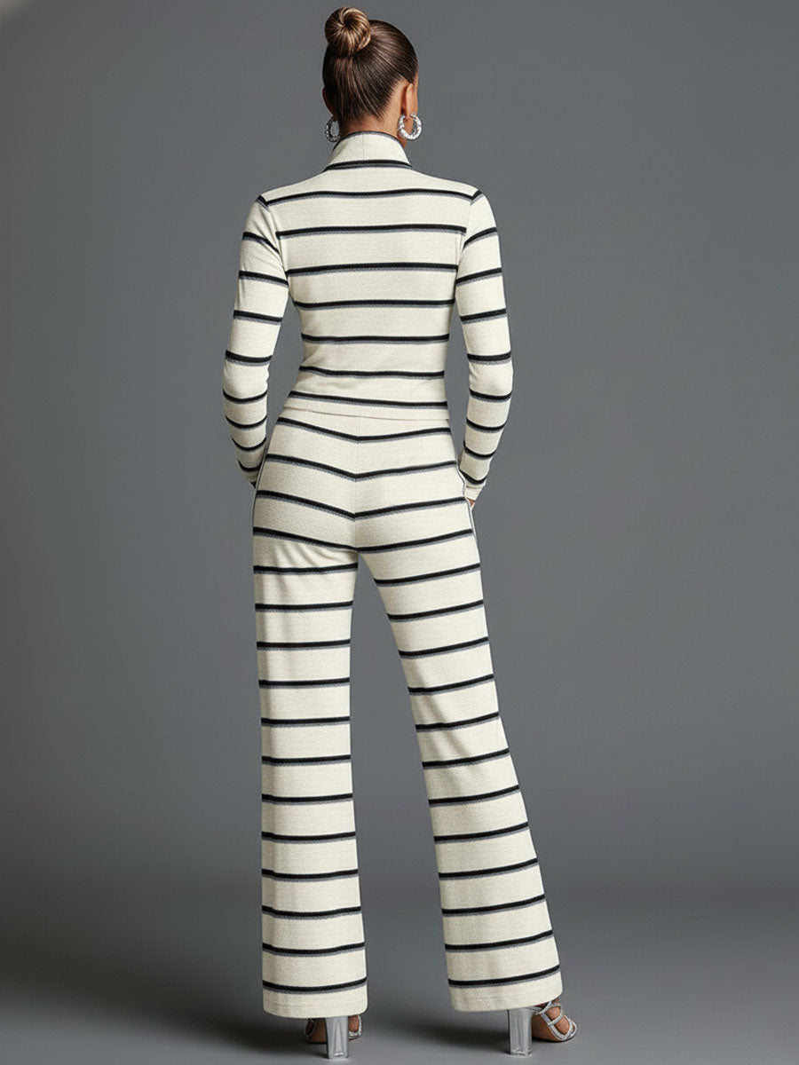 Sporty Retro Off-White Striped Knit Zipper Top And Wide-Leg Pants Set