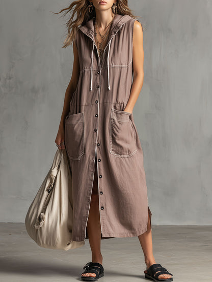 Casual Retro Mauve Cotton Linen Sleeveless Hooded Midi Dress