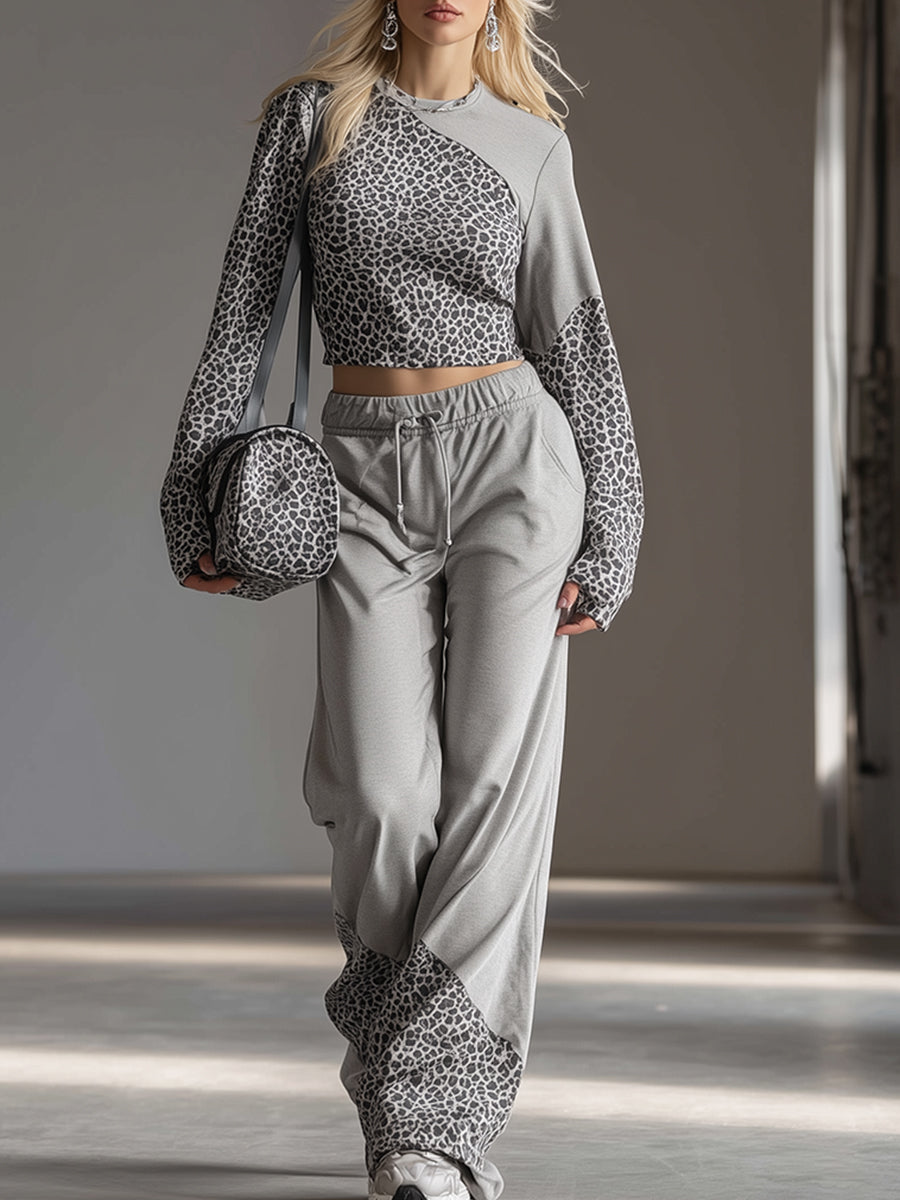 Trendy Casual Sporty Leopard Print Patchwork Gray Sweatshirt And Wide-Leg Pants Set
