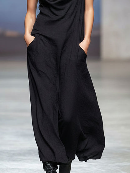 Black V-neck Double-pocket Cotton And Linen Blend Sleeveless Maxi Dress