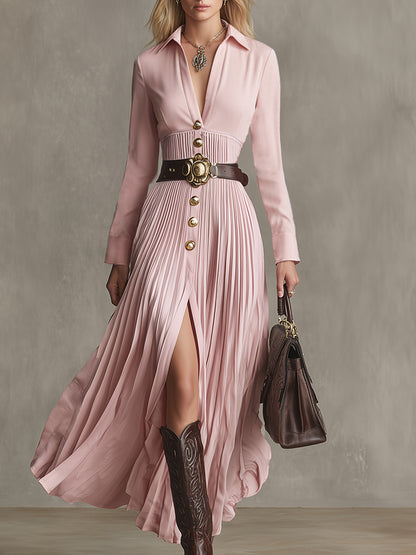 Elegant And Sophisticated Pink Lapel Button-down Pleated Maxi Dress