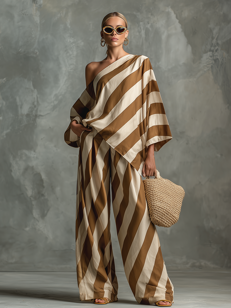 Lazy Chic Retro Striped Print Chiffon Top And Wide-Leg Pants Set