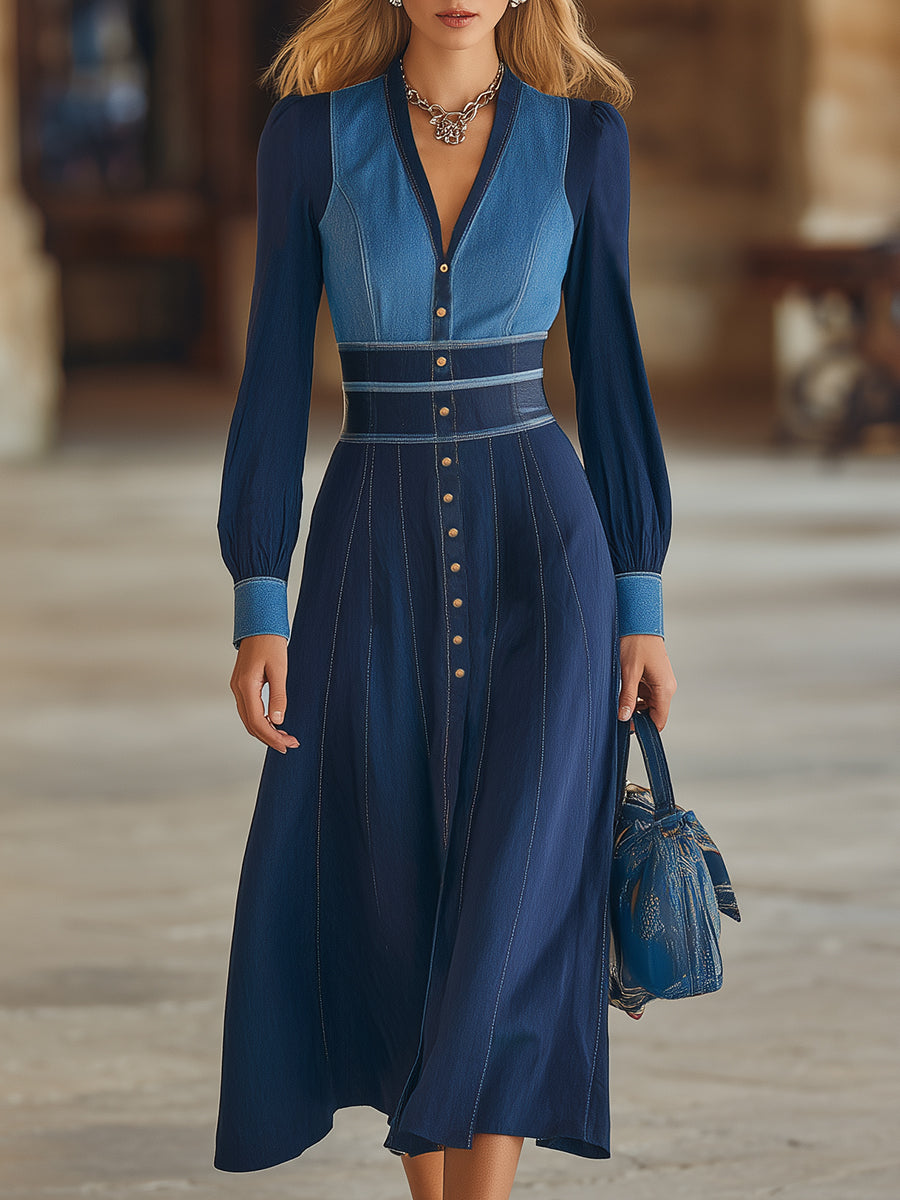 Retro Casual Blue And Dark Blue Denim Patchwork V-neck Midi Dress