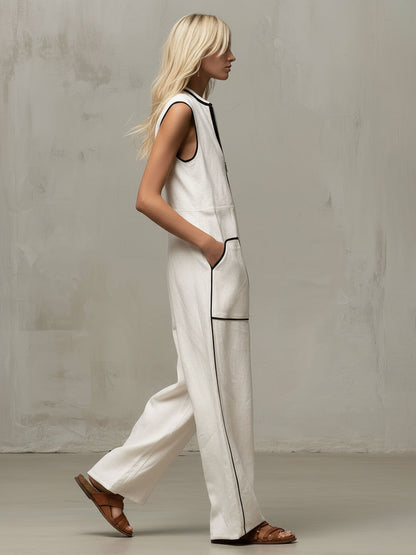 Loose-fitting Cotton-linen Color-blocked Stand-up Collar Zip-up Sleeveless Jumpsuit