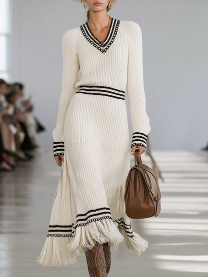 Western-style White Patchwork Black Striped Tassel Maxi Dress