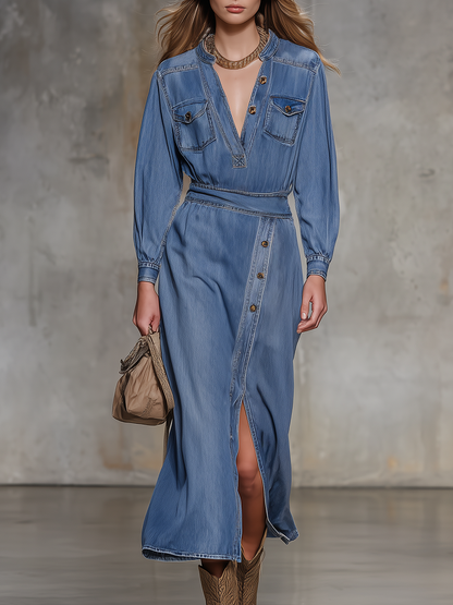 Retro V-neck Button-down Side-slit Denim Midi Dress