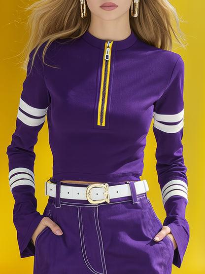Fashionable Sporty Yellow Zipper Purple Long-sleeved Blouse