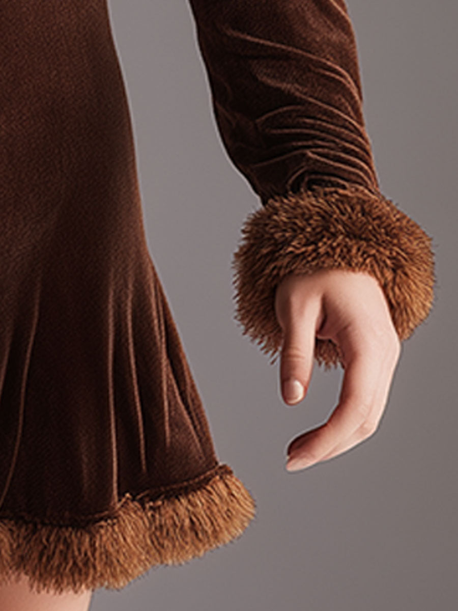 Stylish Retro Brown Faux Fur Trimmed Velvet Mini Dress