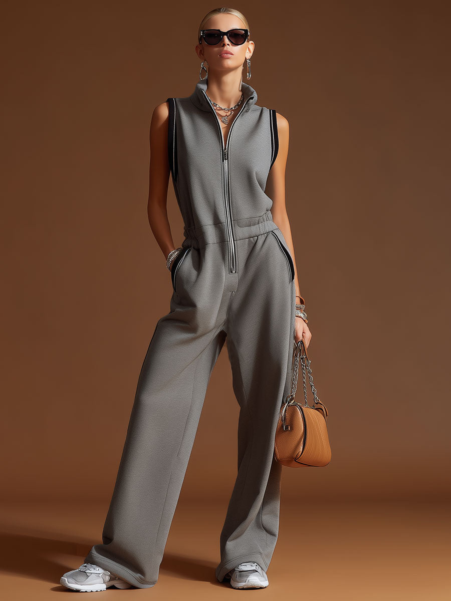 Casual Sporty Retro Dark Gray Cotton Blend Zipper Sleeveless Jumpsuit
