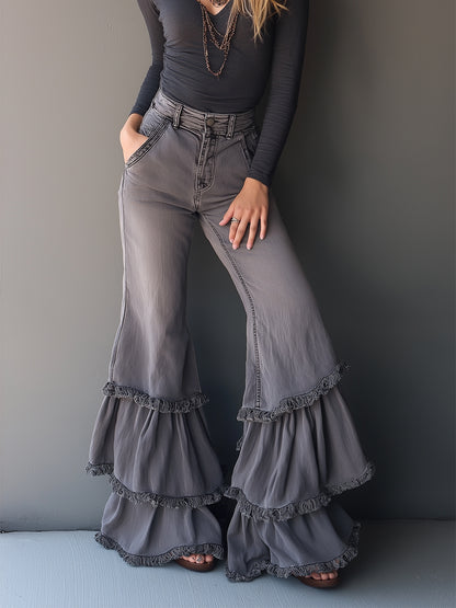 Retro Romantic Gray Frayed Ruffle Flared Jeans