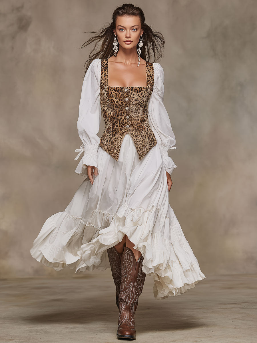 Fashionable Retro Faux Two-piece Leopard Print Faux Suede Vest White Cotton Maxi Dress