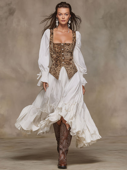 Fashionable Retro Faux Two-piece Leopard Print Faux Suede Vest White Cotton Maxi Dress