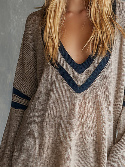 Casual Sporty Striped Khaki Lightweight Knitted Long-sleeved Mini Dress