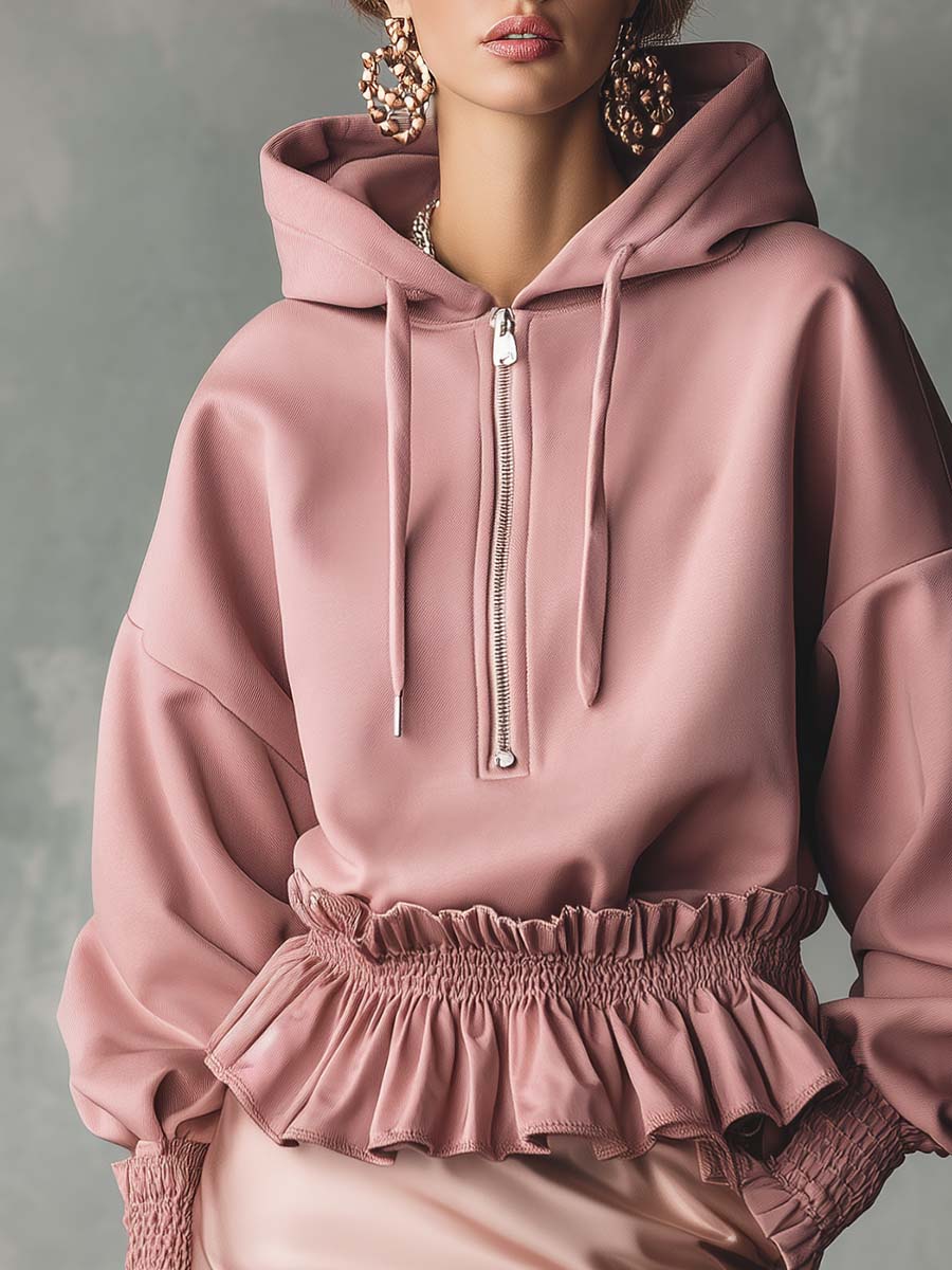 Elegant Exquisite Casual Ruffled Hem Front Zipper Front Zipper.Pink Cotton Hoodie