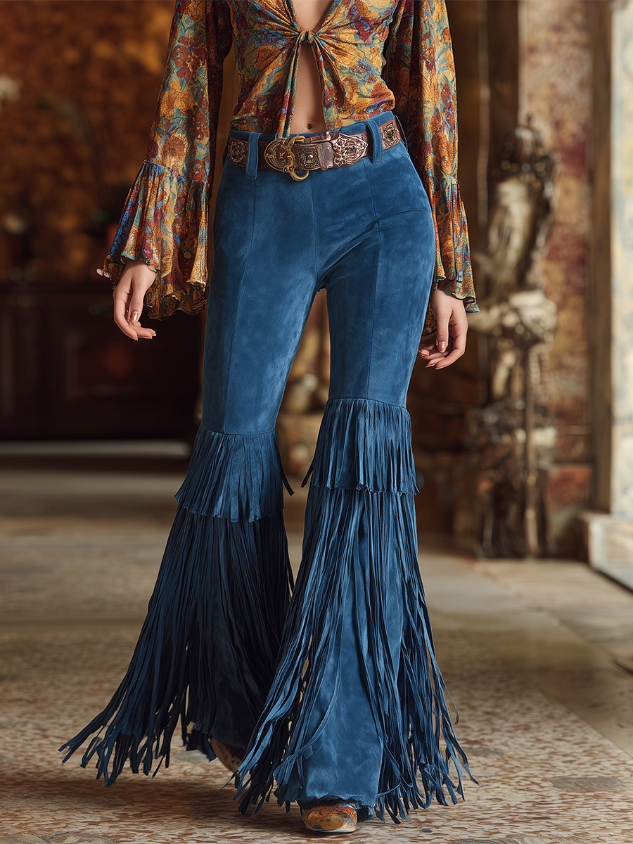 Trendy Retro Blue Double-layered Fringed Faux Suede Pants
