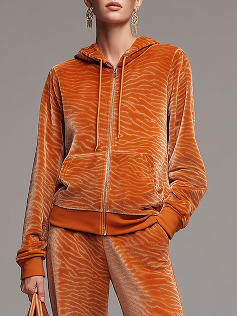 Sporty Retro Orange Zebra Print Velvet Hooded Sweatshirt And Wide-Leg Pants Set