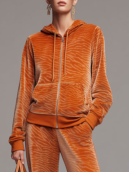 Sporty Retro Orange Zebra Print Velvet Hooded Sweatshirt And Wide-Leg Pants Set