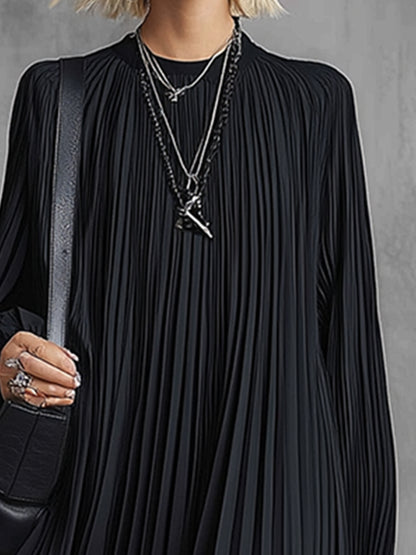 Elegant Urban Silhouette Black Chiffon Pleated Maxi Dress