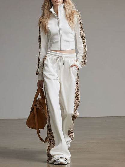 Color-blocked Patchwork Stand-collar Long-sleeved Top And Pants Set