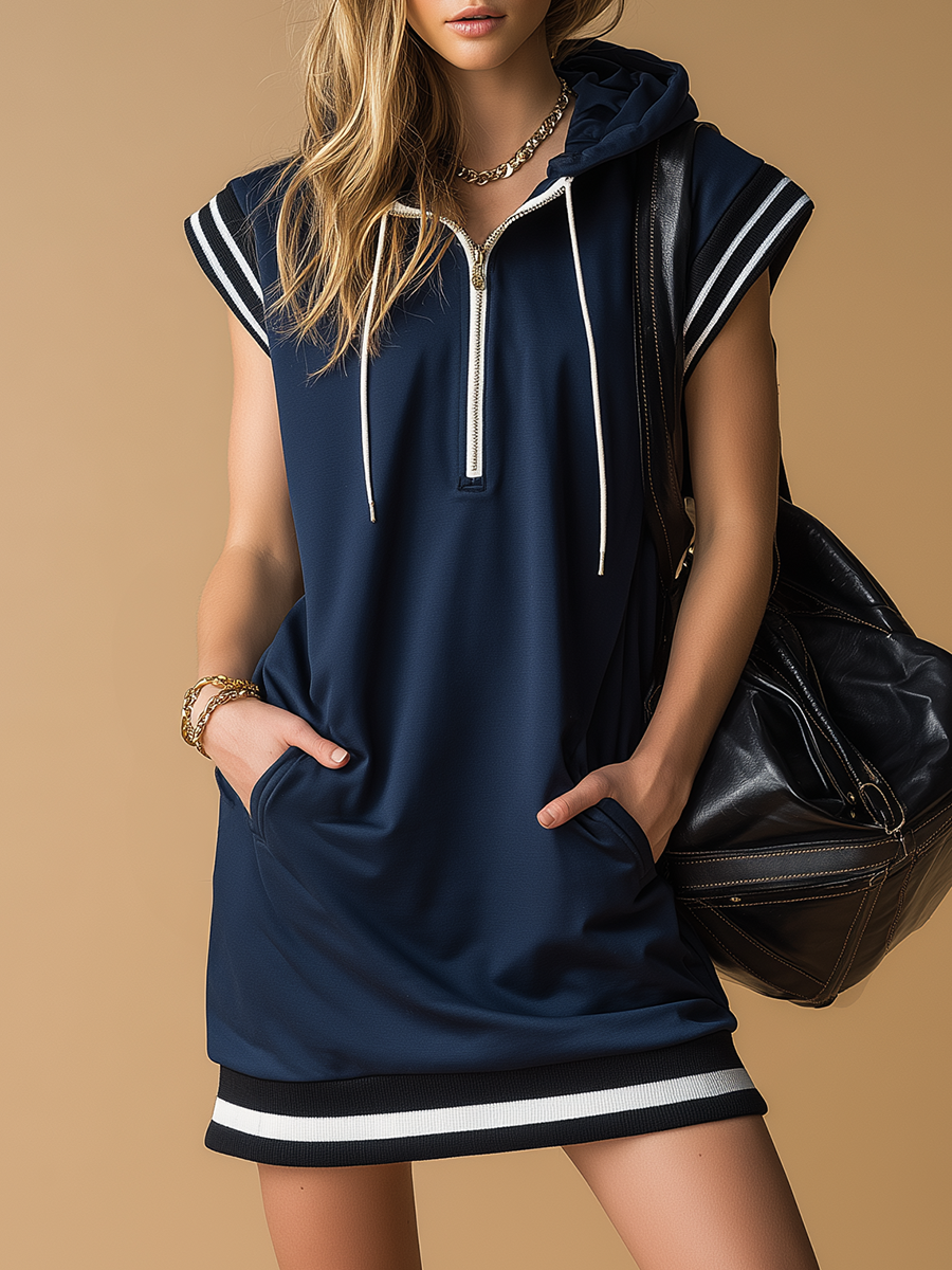 Sporty Retro Wide-shouldered Sleeveless Hooded Mini Dress