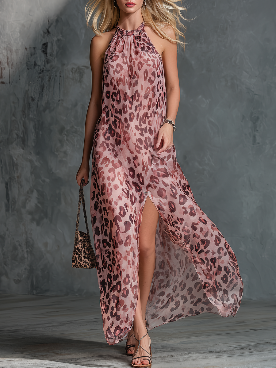 Elegant And Stylish Halter-neck Sleeveless Leopard Print Chiffon Maxi Dress