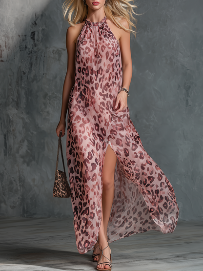 Elegant And Stylish Halter-neck Sleeveless Leopard Print Chiffon Maxi Dress