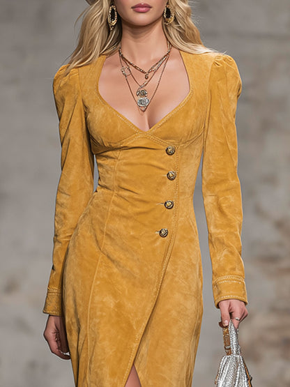 V-neck Button-front Split Hem Faux Suede Long-sleeved Midi Dress