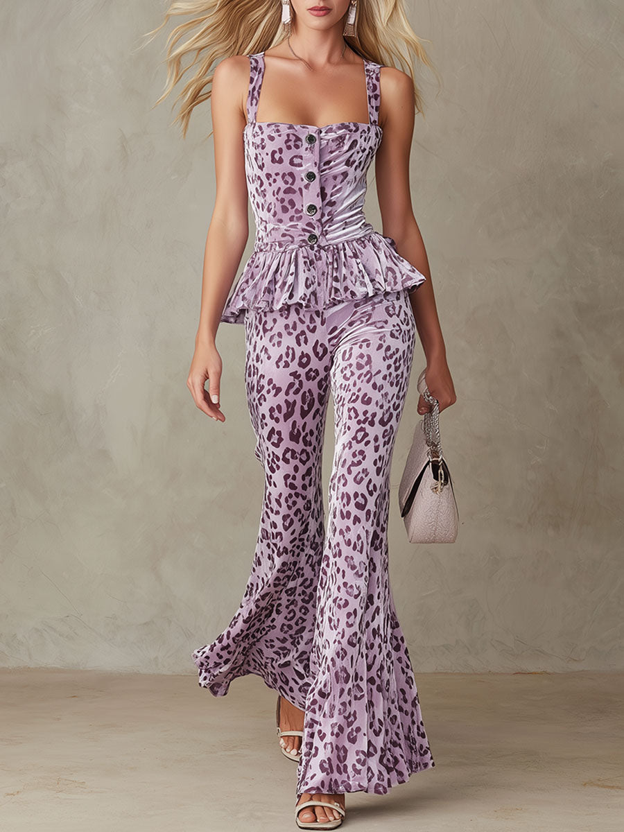 Stylish And Elegant Purple Leopard Print Velvet Sleeveless Top And Pants Set