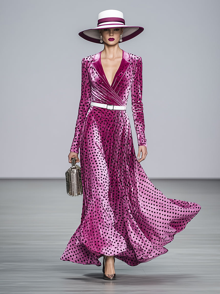 Elegant Pink Lapel Black Polka Dot Maxi Dress