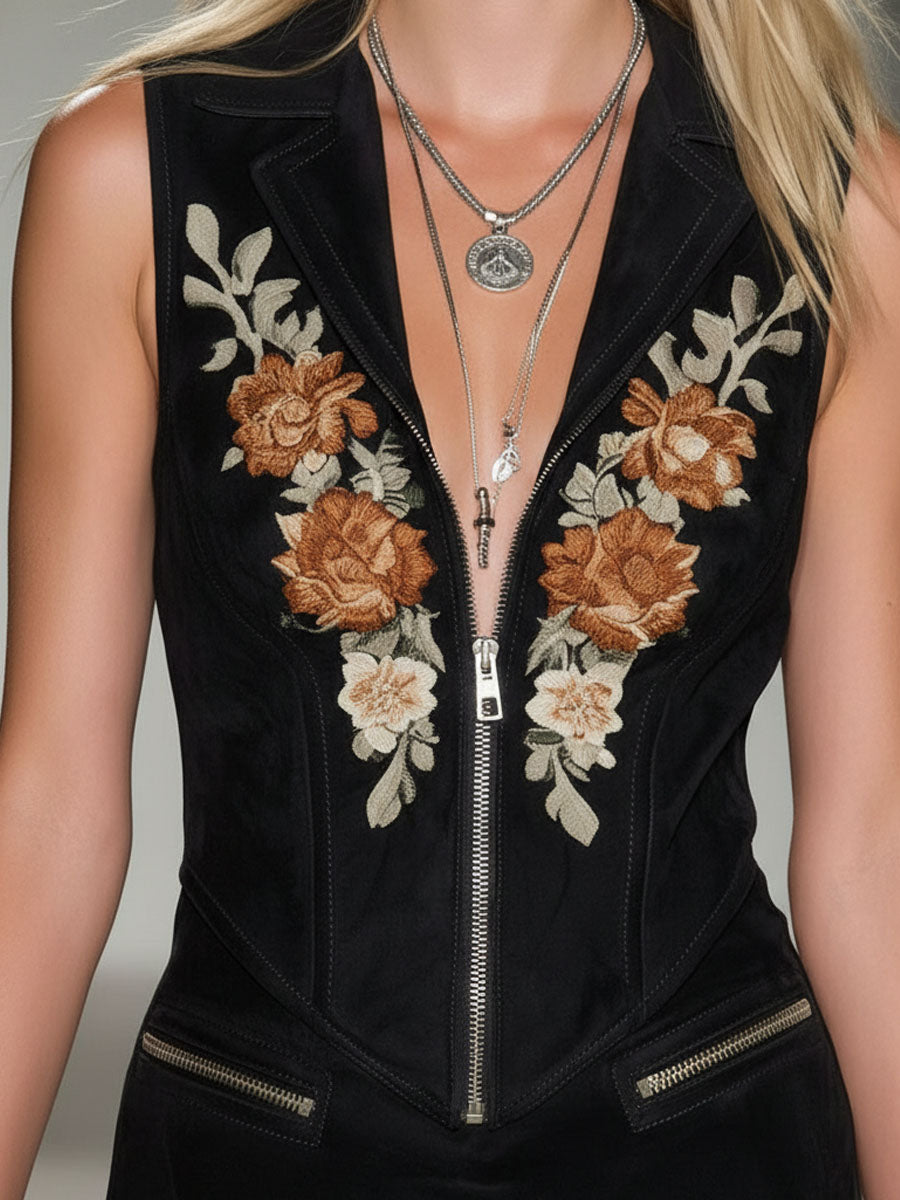 Black Faux Suede Vintage Floral Embroidered Zip-up Mini Dress