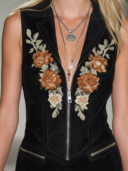 Black Faux Suede Vintage Floral Embroidered Zip-up Mini Dress