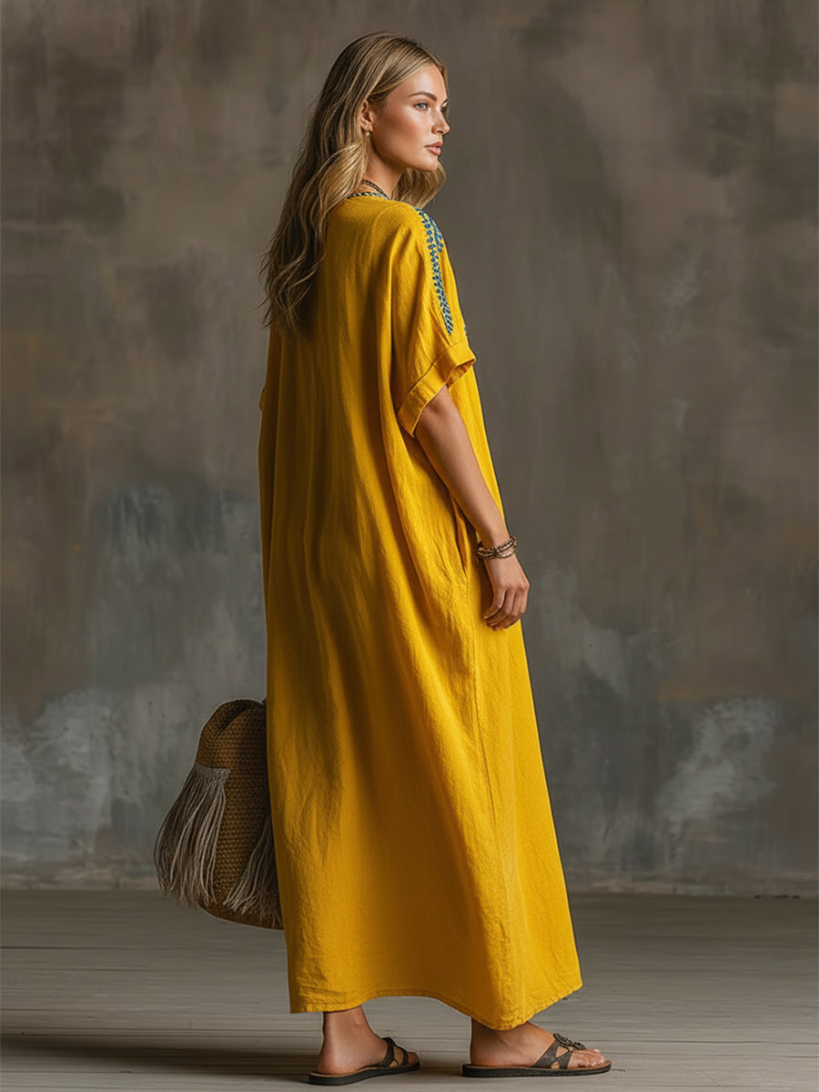 Elegant And Exquisite Embroidered Yellow Cotton And Linen Short-sleeved Maxi Dress