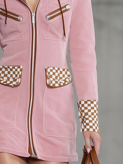 Fashionable Pink Corduroy Patchwork Brown And White Checkered Zip-up Mini Dress