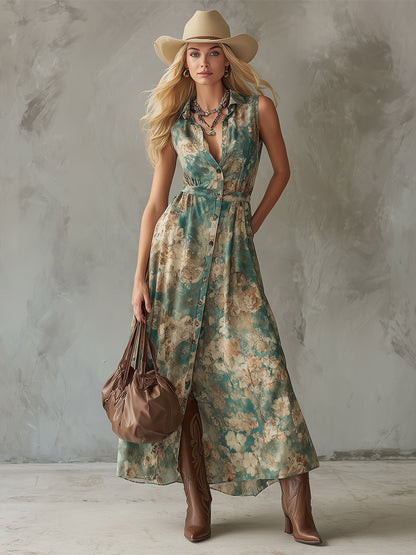 Retro Western-style Green Floral Print Chiffon Collared Sleeveless Maxi Dress