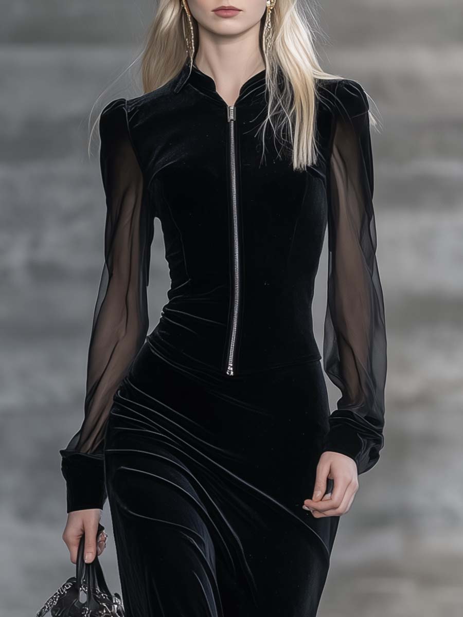 Elegant Classic Versatile Stand-up Collar Front Zipper Sheer Long-sleeved Black Velvet Maxi Dress