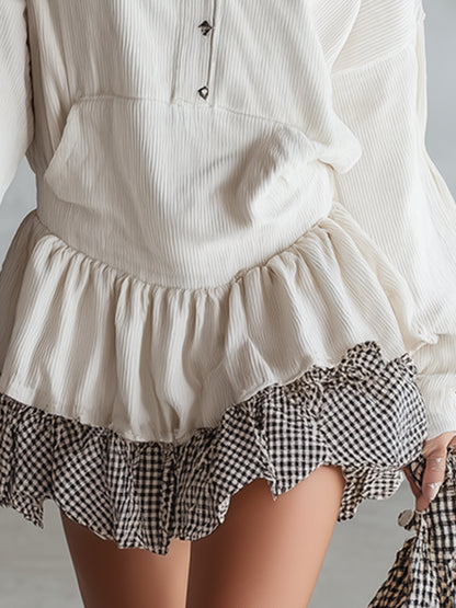 Stylish Sporty Checkered-trim White Corduroy Hooded Mini Dress