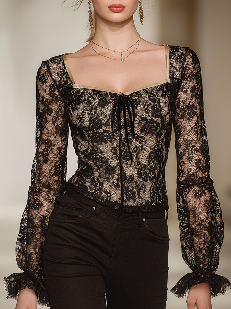 Stylish And Sexy Black Lace Square-neck Blouse