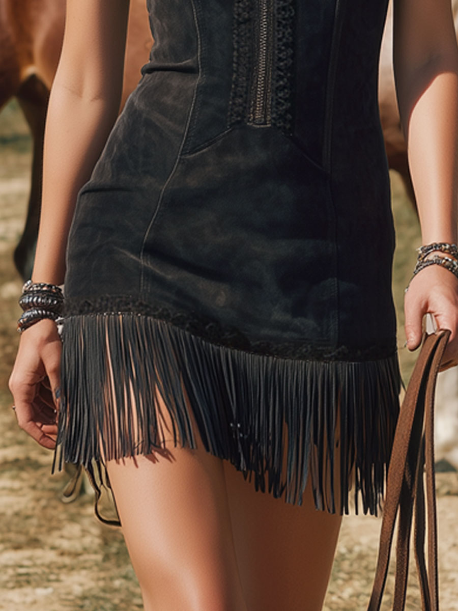 Western Retro Lace Sleeveless Black Faux Suede Tassel Mini Dress