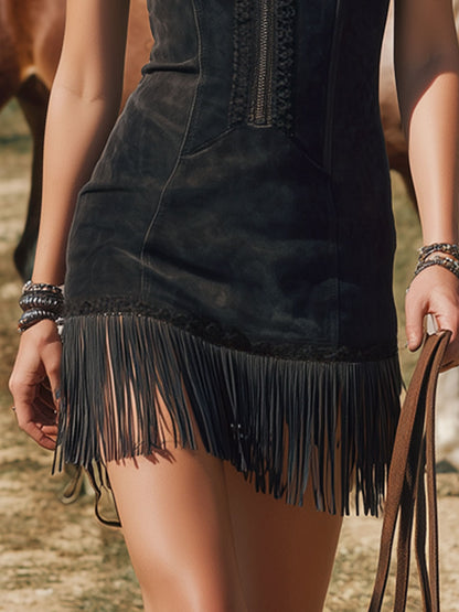 Western Retro Lace Sleeveless Black Faux Suede Tassel Mini Dress
