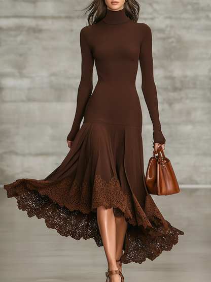 Retro Stand-up Collar Lace Hem Ribbed Midi Dress