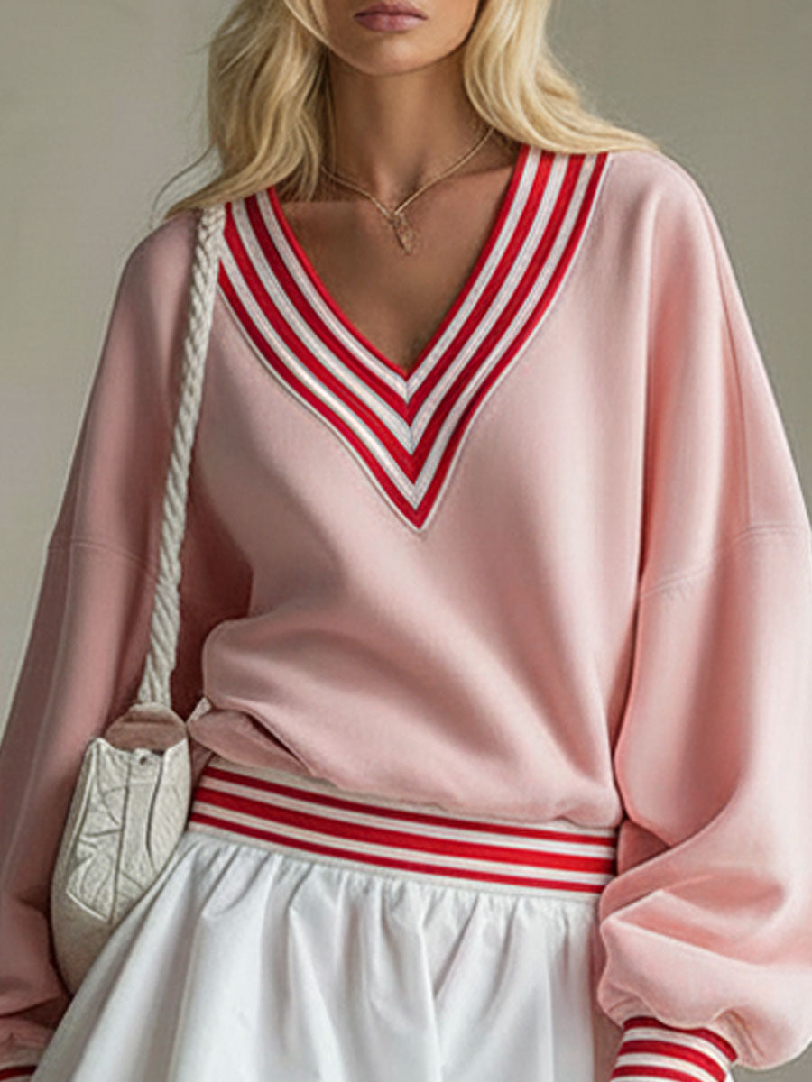 Loose-fitting V-neck Color-block Long-sleeved Sporty Mini Dress