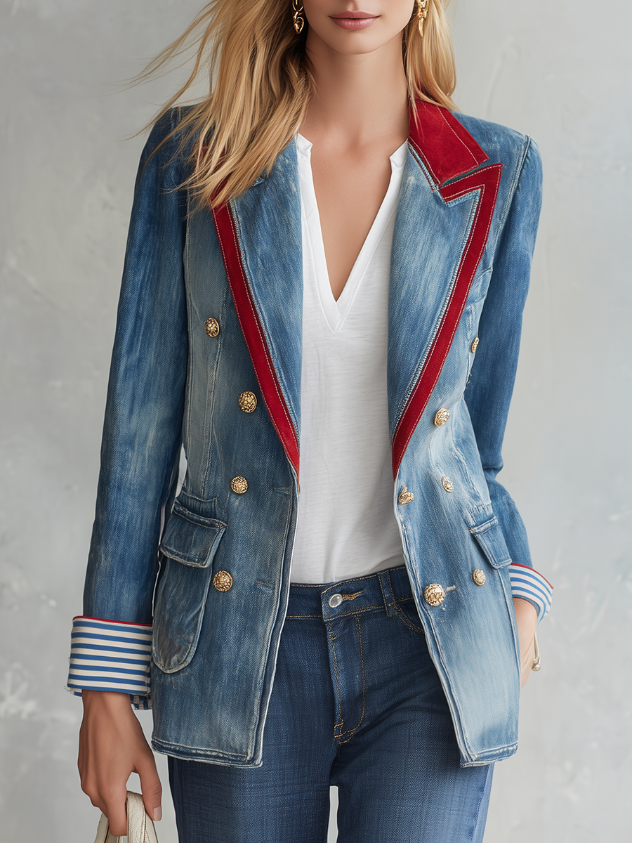 Women’s Double Breasted Denim Blazer With Red Lapel Trim