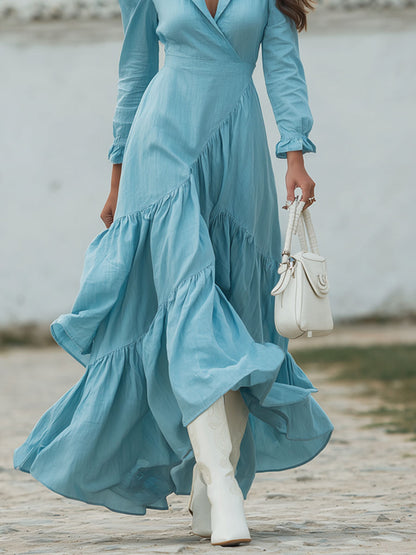 Loose-fitting Ruffled Cotton-linen Long-sleeved Maxi Dress