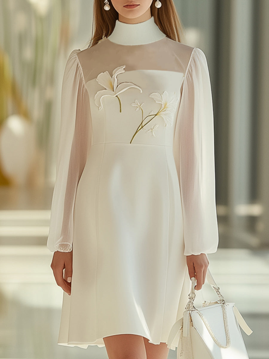 Fashionable and Charming White Half-high Collar See-through Collar Embroidered Puff Sleeve Mini Dress