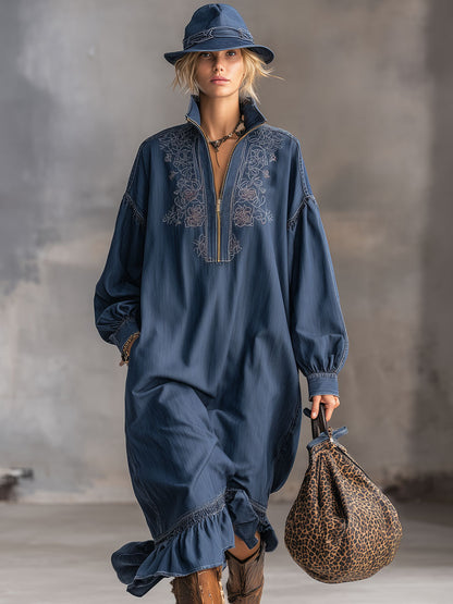 Retro Stand-up Collar Zipper Embroidered Ruffle Washed Denim Midi Dress