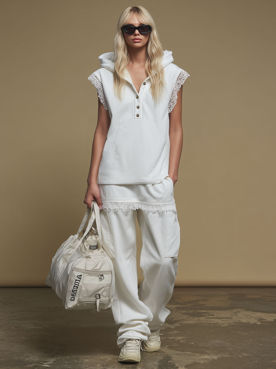Hooded Lace-trimmed Button-up Sleeveless Top And Pants Set